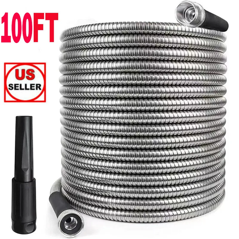 

100FT Stainless Steel Metal Garden Water Hose Flexible Heavy Duty Pipe w/ Nozzle