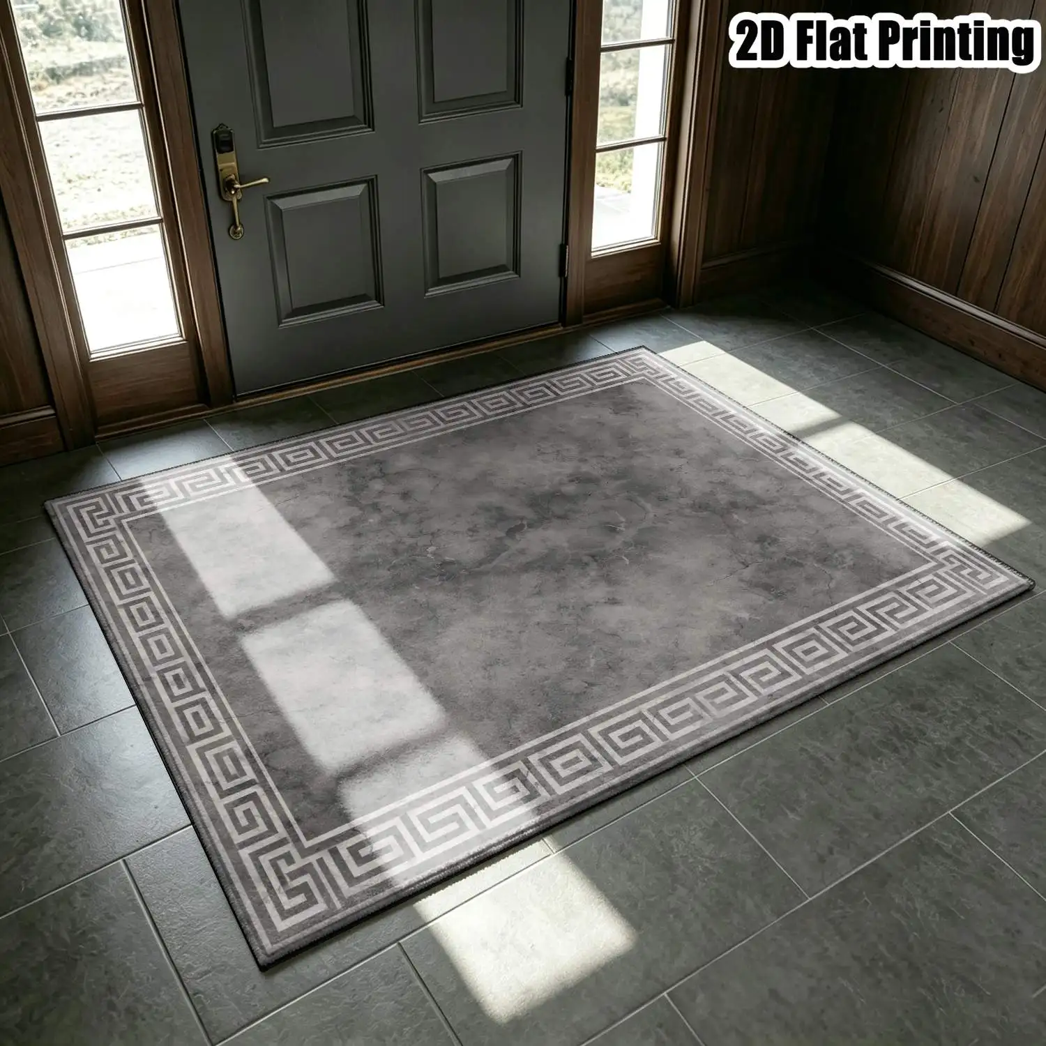 1Pc 2D Printed Gray-Toned Patterned Border Carpet: European, Modern Minimalist, Vintage Geometric Line Style, Home Decor, Multi-Size, Machine Washable, for Entrance, Dining Room, Foyer, Bedroom, Living Room