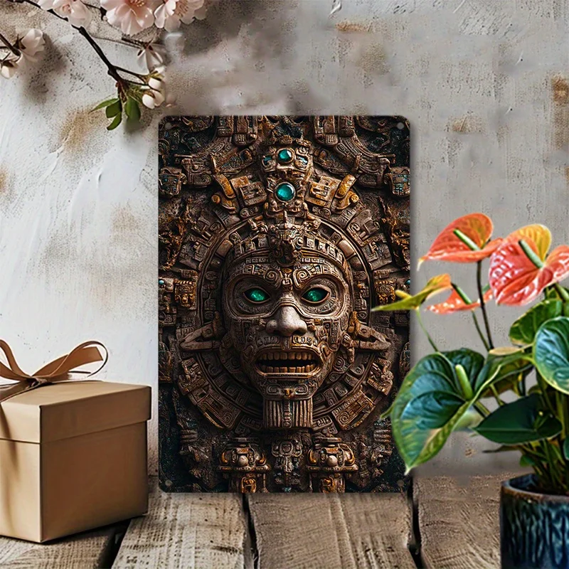 

Mayan King Mask Aluminum Wall Art - Vintage Metal Sign for Home, Office, or Dorm Decor, Easy Install, Perfect for Room Decor