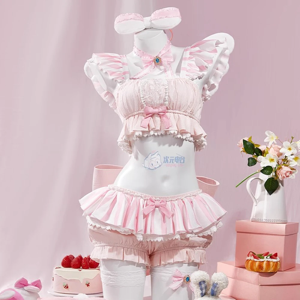 Kawaii Ruffles Short Top And Skort Set with Headband And Socks Prisma Illya Cosplay Costume Halloween Accessories Wig Props - view 3