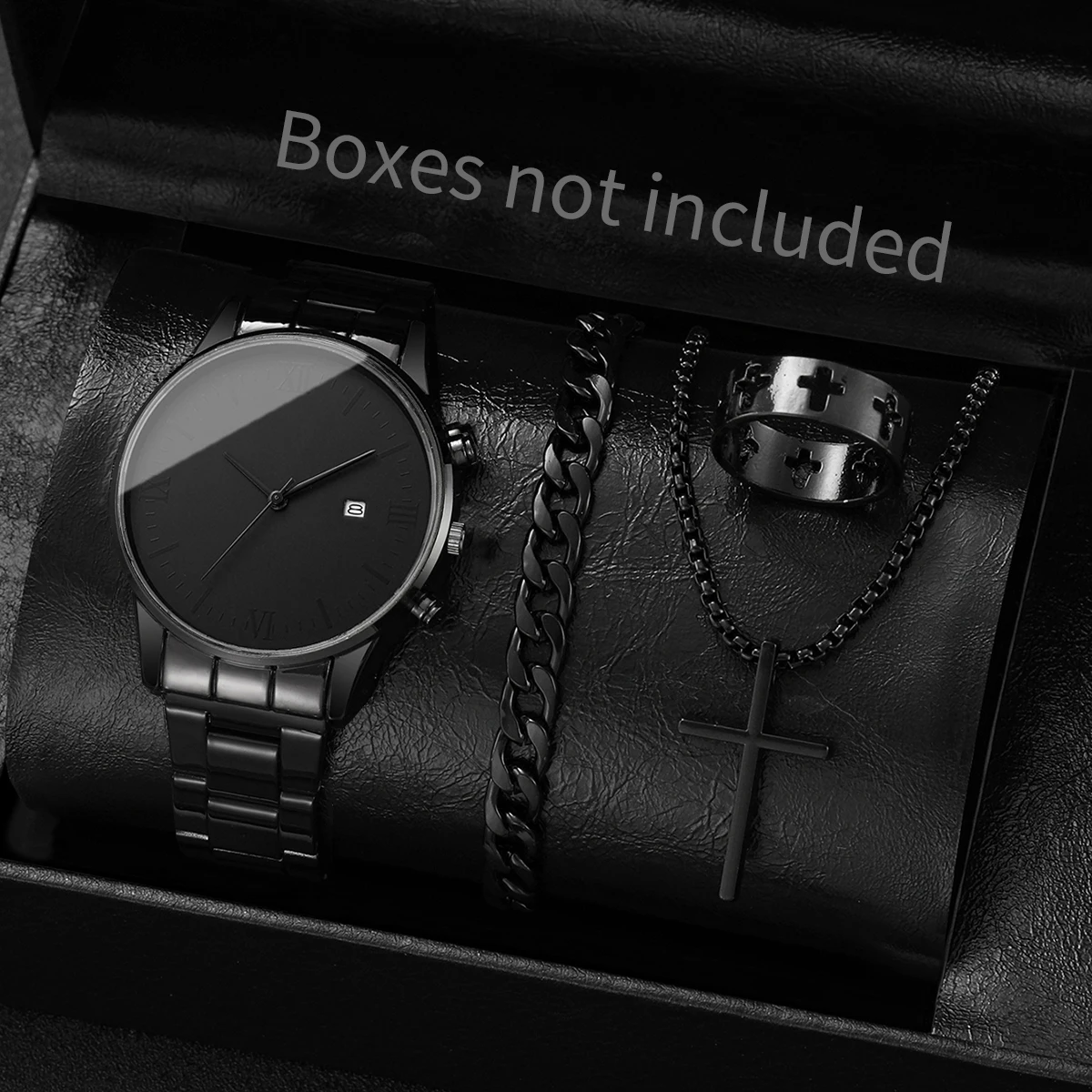 4 قطعة/المجموعة أزياء رجال الأعمال الساعات روما الهاتفي ساعة كوارتز للرجال ساعة التقويم طقم مجوهرات Reloj Hombre (بدون صندوق)