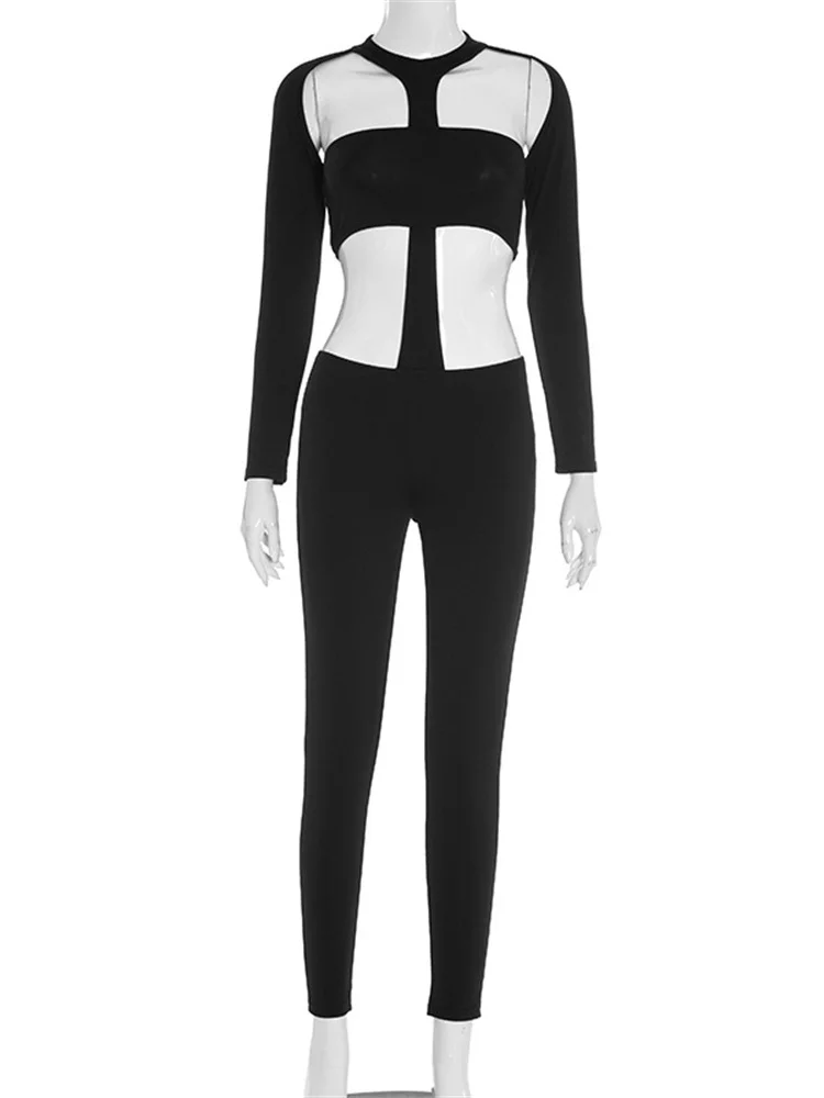 Leosoxs 섹시한 홀터 백 레스 점프 슈트 여성 Y2K 긴 소매 할로우 미드 나이트 스트리트 운동 활동 스트레치 피트니스 오버올