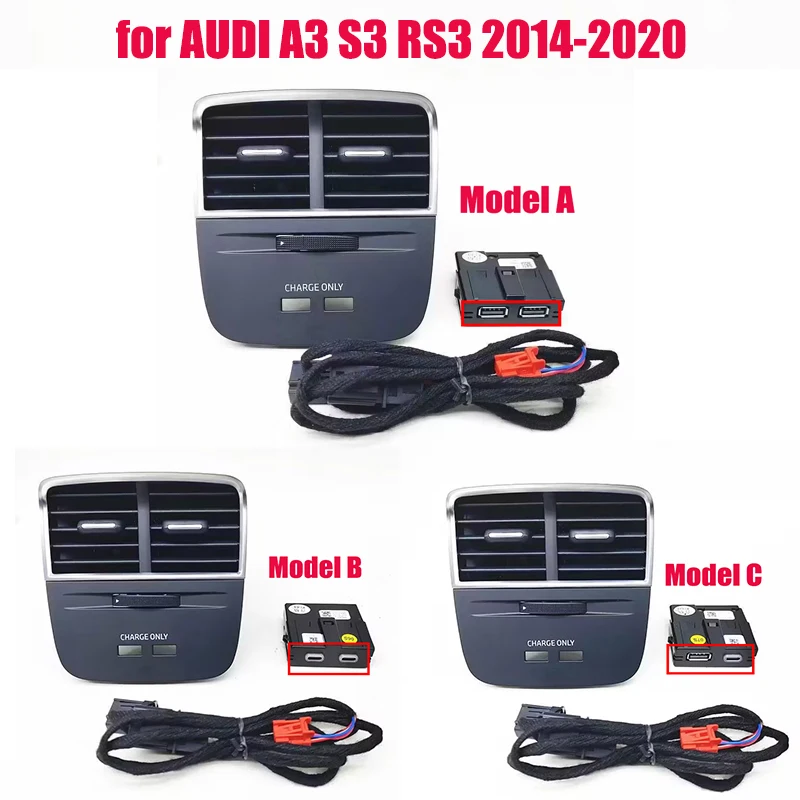 Car Rear Seat USB Armrest Air AC Vent Outlet Type-C Adapter for AUDI A3 S3 RS3 ﻿2014 2015 2016 2017 2018 2019 2020