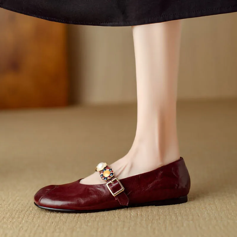高品質でおしゃれなシングルシューズ、レディース用ソフトレザーフラットボトムレトロラインストーンバレエメリージェーンシューズ