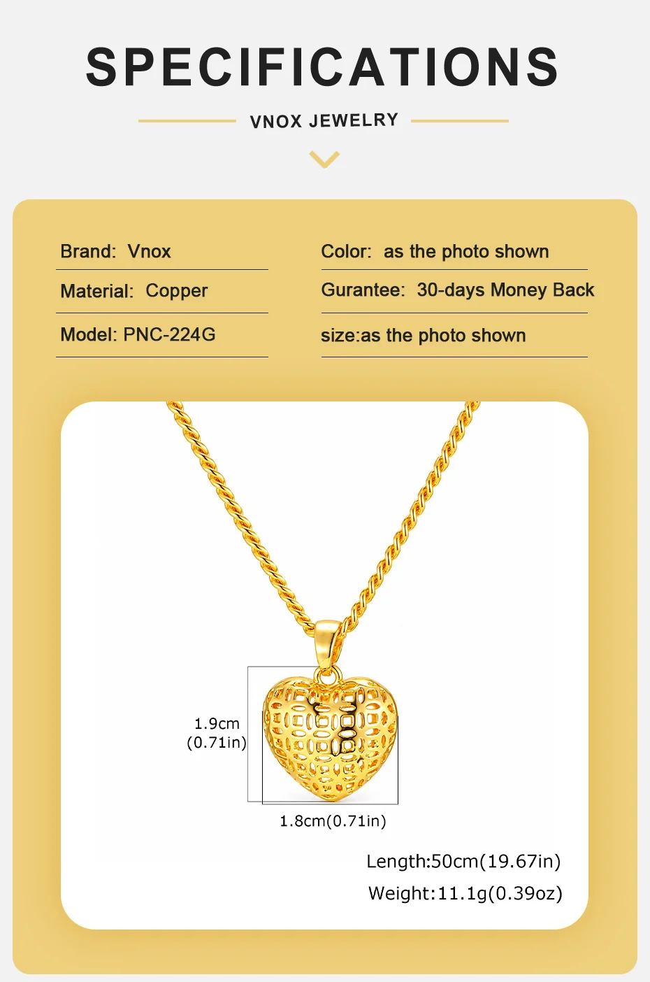 Vnox Minimalistischer Ausgehöhlter Herz-Creolen-Anhänger Halskette Klassischer Vergoldeter Brautschmuck für Hochzeiten – Detail 10
