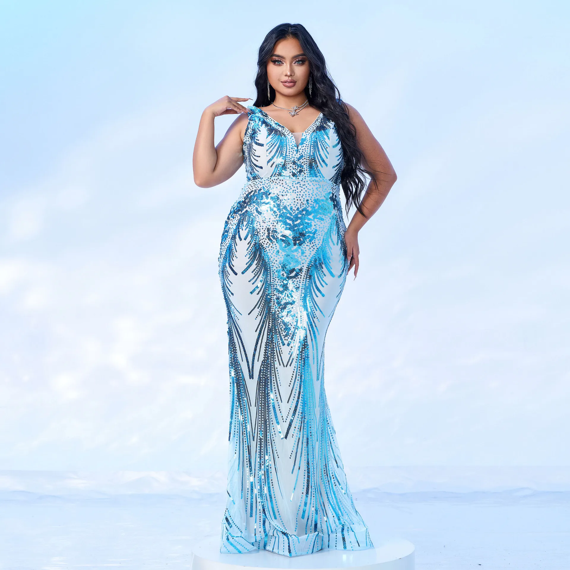 

plus Size Long Svel V-Ne Evening Dr iny Sequins Maxi Dr Street Sle High Waist Me Fabric Gown for Women