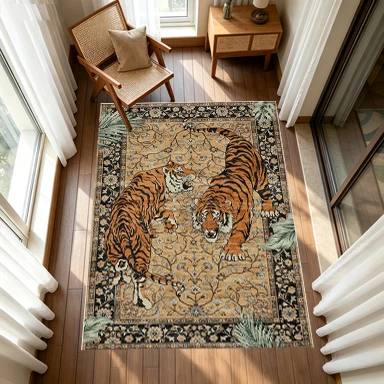 Vintage Tiger Animal Pattern Carpet Traditional Floral Border Rug Floor Vintage Decorative Mat Suitable for Living Room