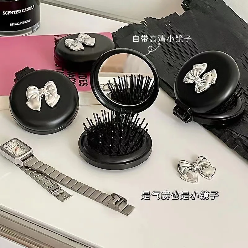 Cute Bow Small Comb Portable Portable Portable Mini Folding Air Cushion Comb Girls Airbag Massage Comb Mirror Integrated