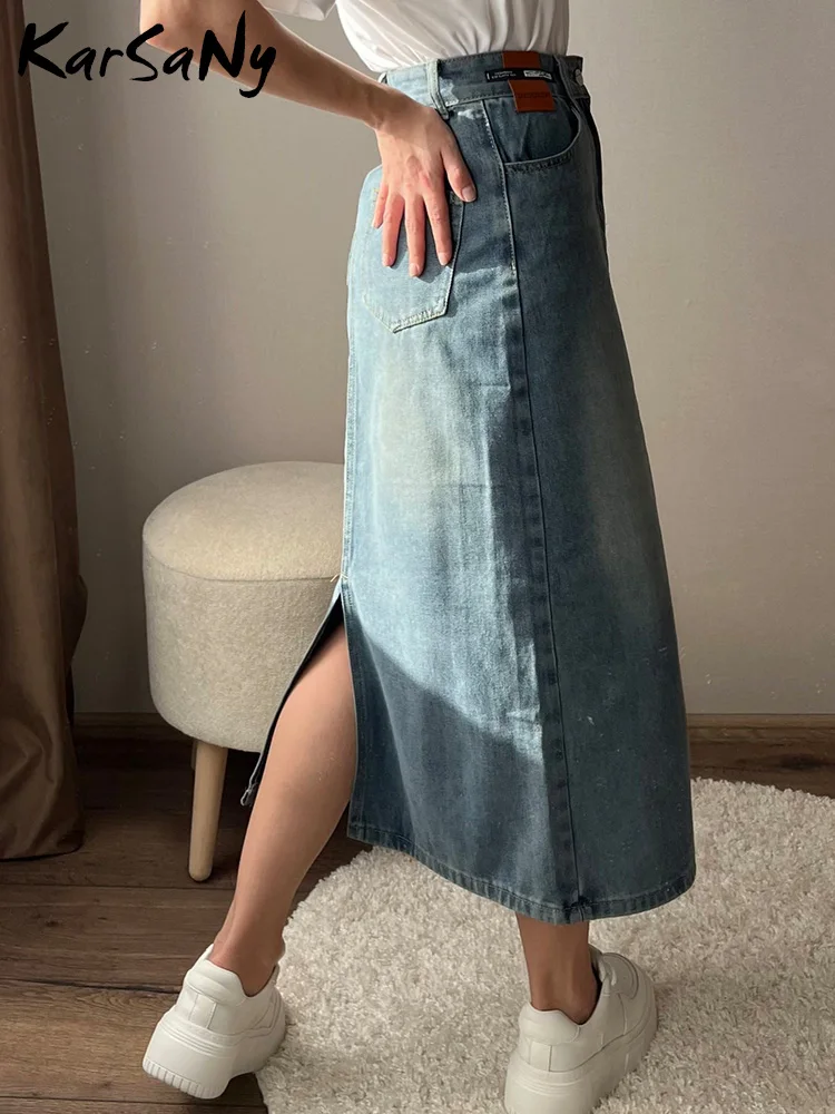 KarSaNy Women Long Denim Skirts Vintage Back Slit High Waist Jean Skirt 2024 Bodycon Maxi Blue Straight Denim Skirts For Women