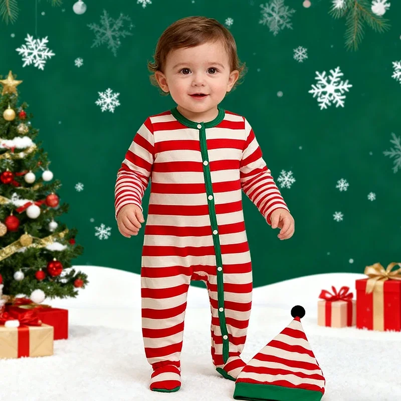 2025 New Year Kids Clothing Christmas Costume Infant Baby Boys Girls Jumpsuit Long Sleeved Toddler Baby Boys Girl Romper+Hat