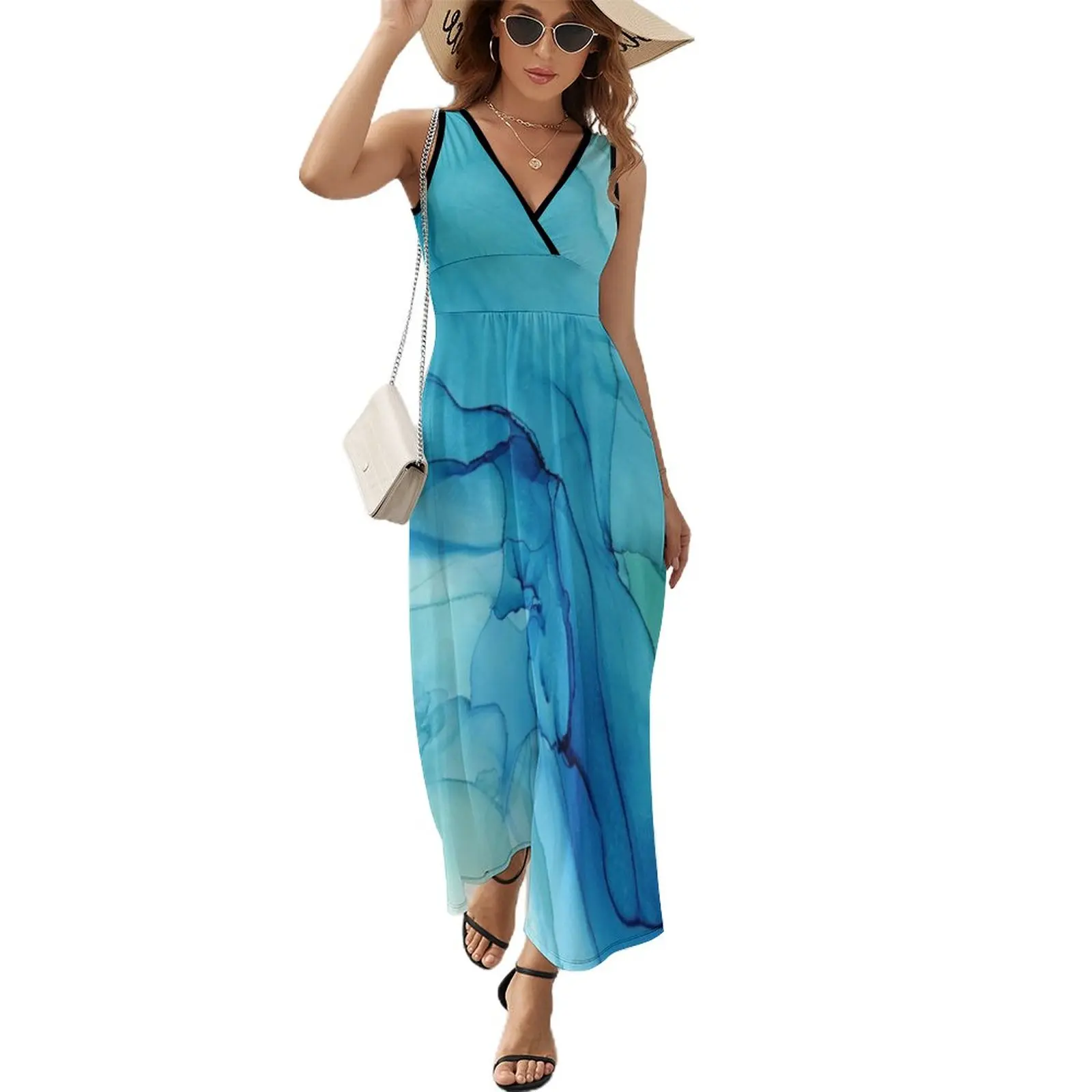 

Blue Emerald Water Ombre Abstract Ink Sleeveless Dress luxury dresses Dresses clothes for woman