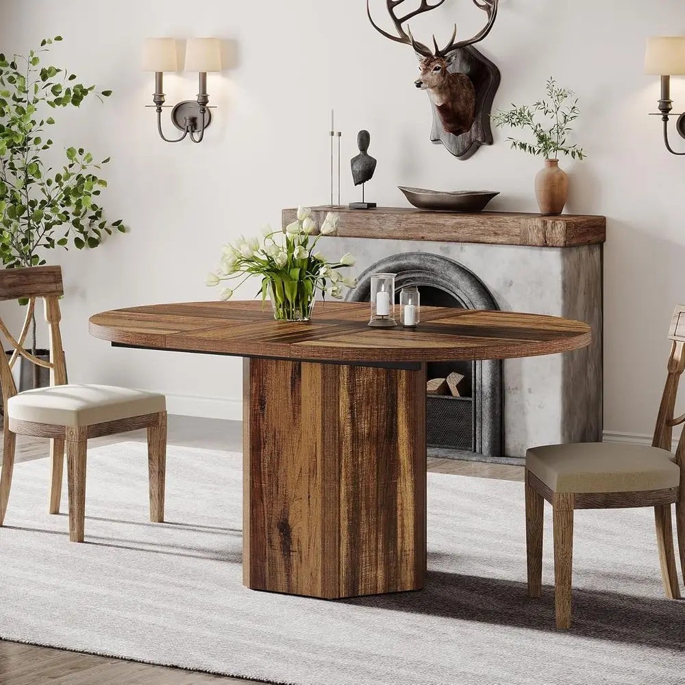 โต๊ะรับประทานอาหารทรงรีไม้สไตล์ชนบทสำหรับ 4-6 คน เหมาะสำหรับห้องครัวและห้องนั่งเล่น สีน้ำตาล