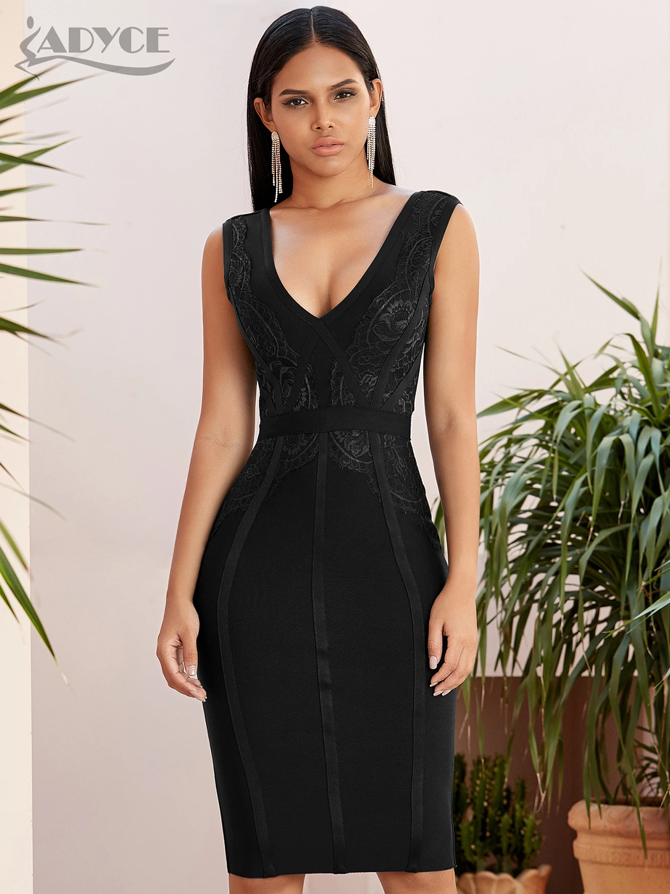 

Adyce 2022 New Summer Black Tank Bodycon Bandage Dress Women Sexy Sleeveless V Neck Lace Club Celebrity Evening Party Lady Dress