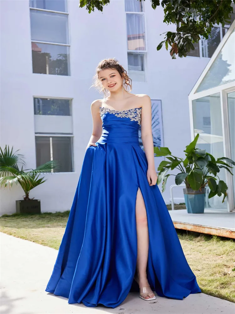 A-Line Evening Dresses Sparkle & Shine Ladies Formal Evening Floor Length Sleeveless Boat Neck High Slit Embroidery With Satin