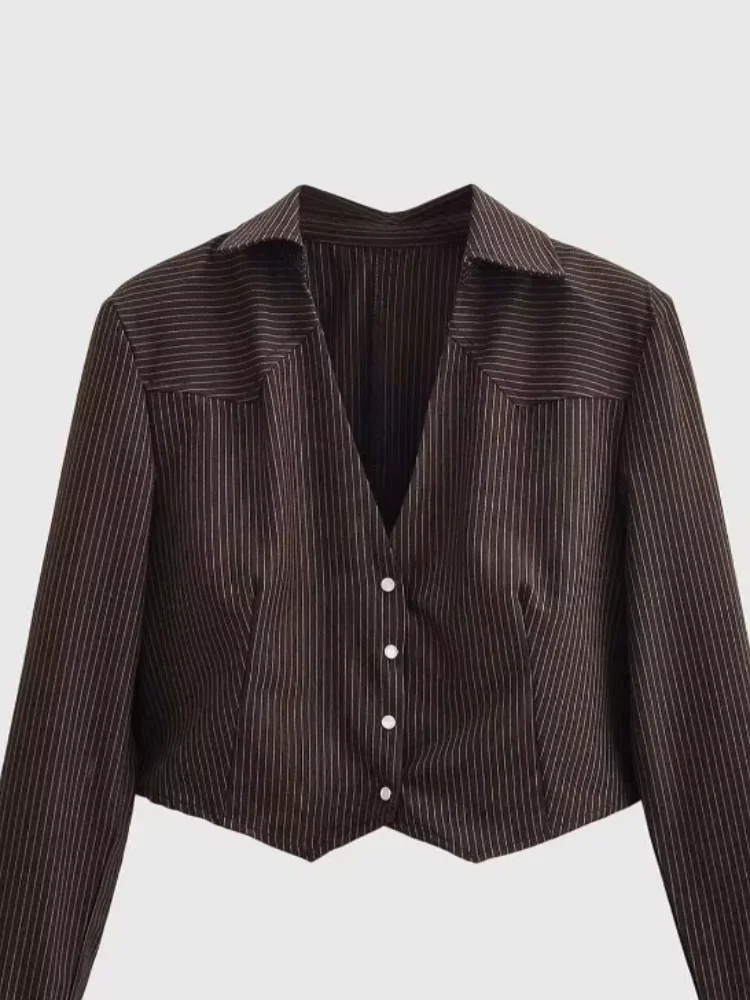 

Fashion Lapel V-neck Striped Single Breasted Shirt Women Casual Long Sleeve Loose Shirts 2026 New Lady Spring Autumn Chic Wear