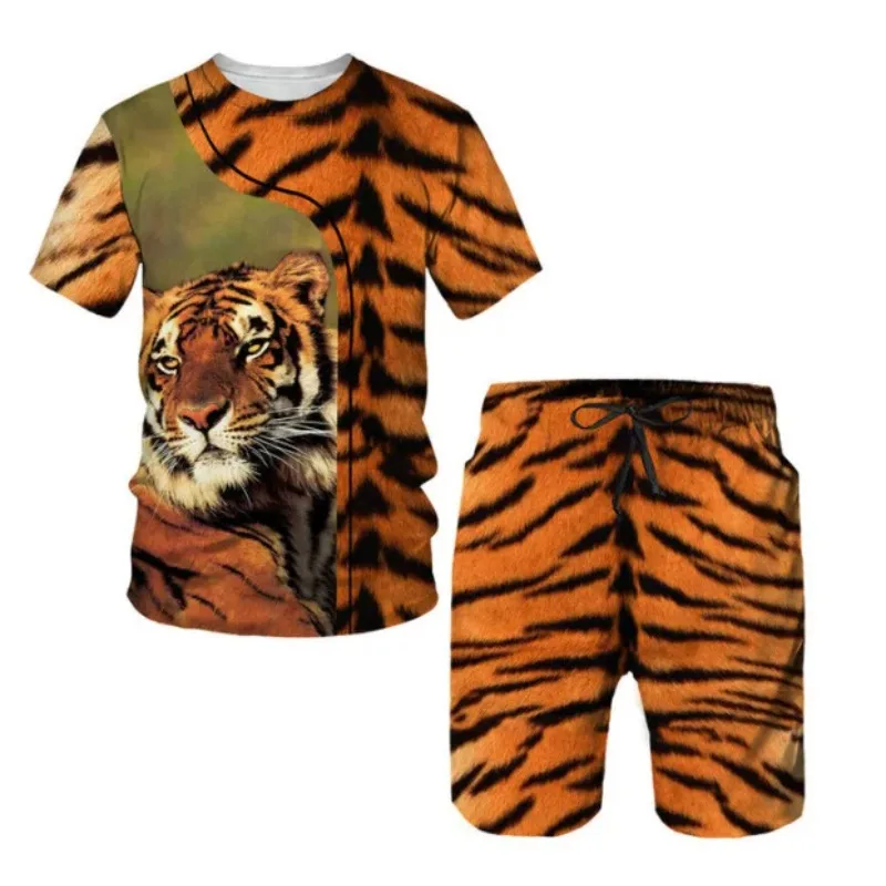 2025 New Summer Men's Set Shorts Set 3D Tiger Print Casual Sportswear Beach Sportswear Short Sleeved Shorts Two-piece Set