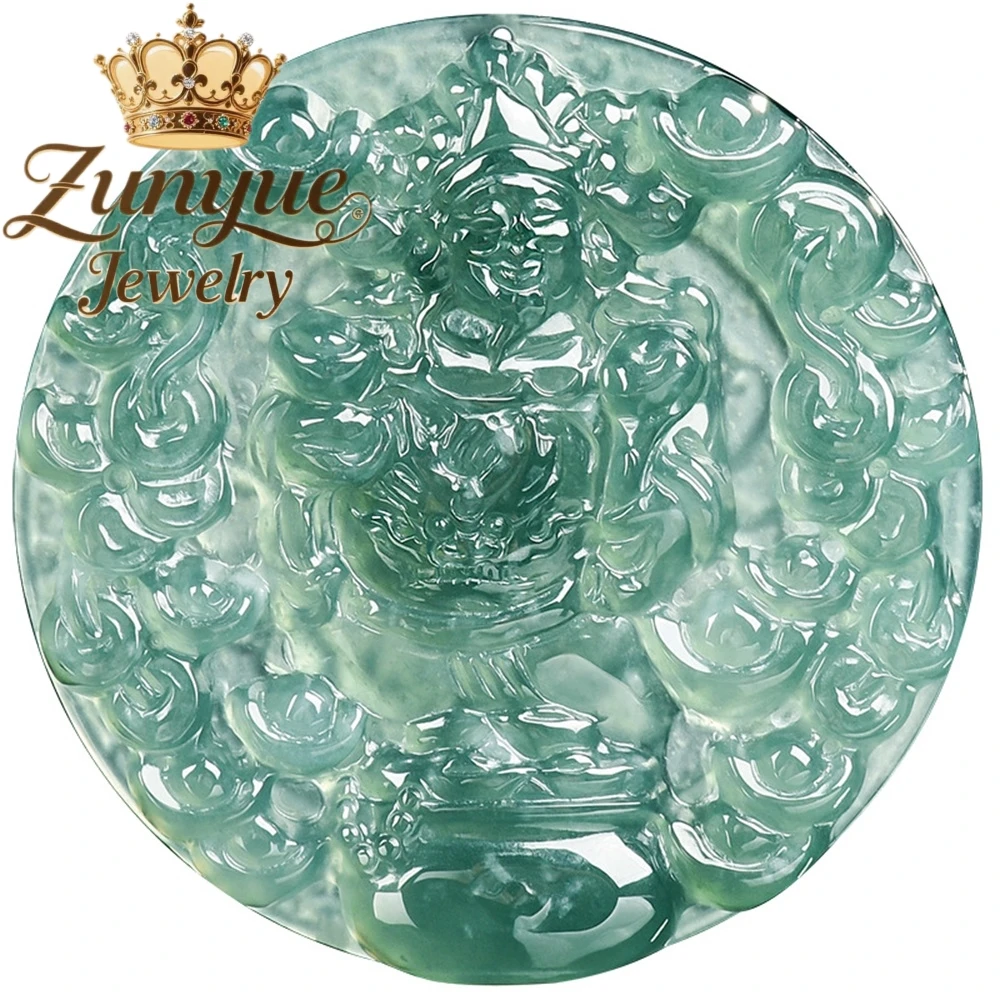 Genuine Natural A - grade Jadeite Blue Water Ingots God Of Wealth Ice Type Jade Pendant, God Of Wealth Jade Pendant Charms Elega