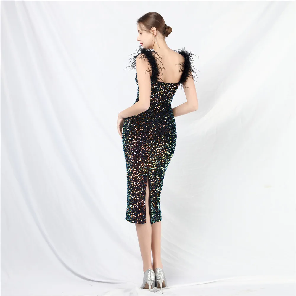 DEERVEADO 8 Colors Elegant Mermaid Sequins Evening Dresses for Woman Tea-Length Wedding Party Dresses with Feathers Formal Gowns