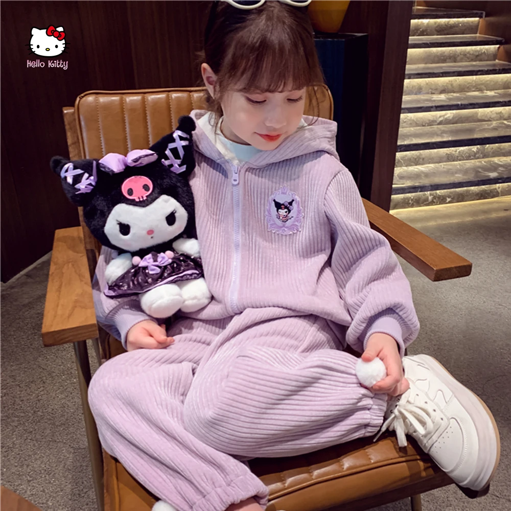 Winter Kuromi 2Pcs Girl's Plush Jacket Anime Sanrios Jacket Pants Melody Kawaii Korean Autumn Cartoon Casual Fashion Wear Kids