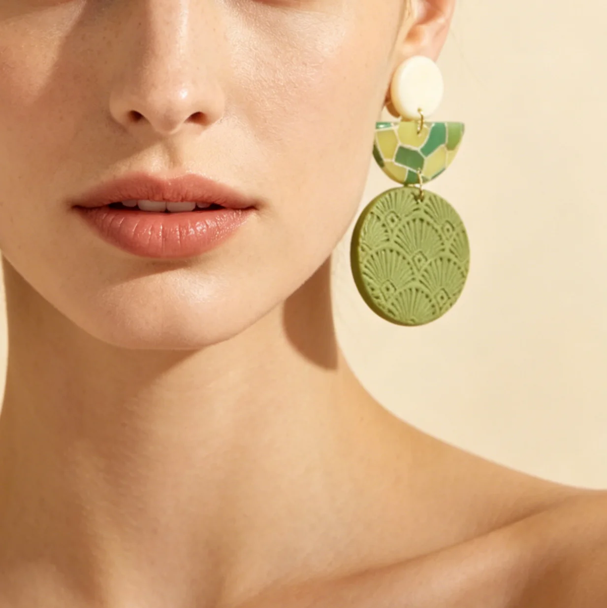 Boho Geometric Polymer Clay Earrings Lightweight Handmade Women's Half Moon Round Mosaic Checker Sage Green Terracotta Dangle