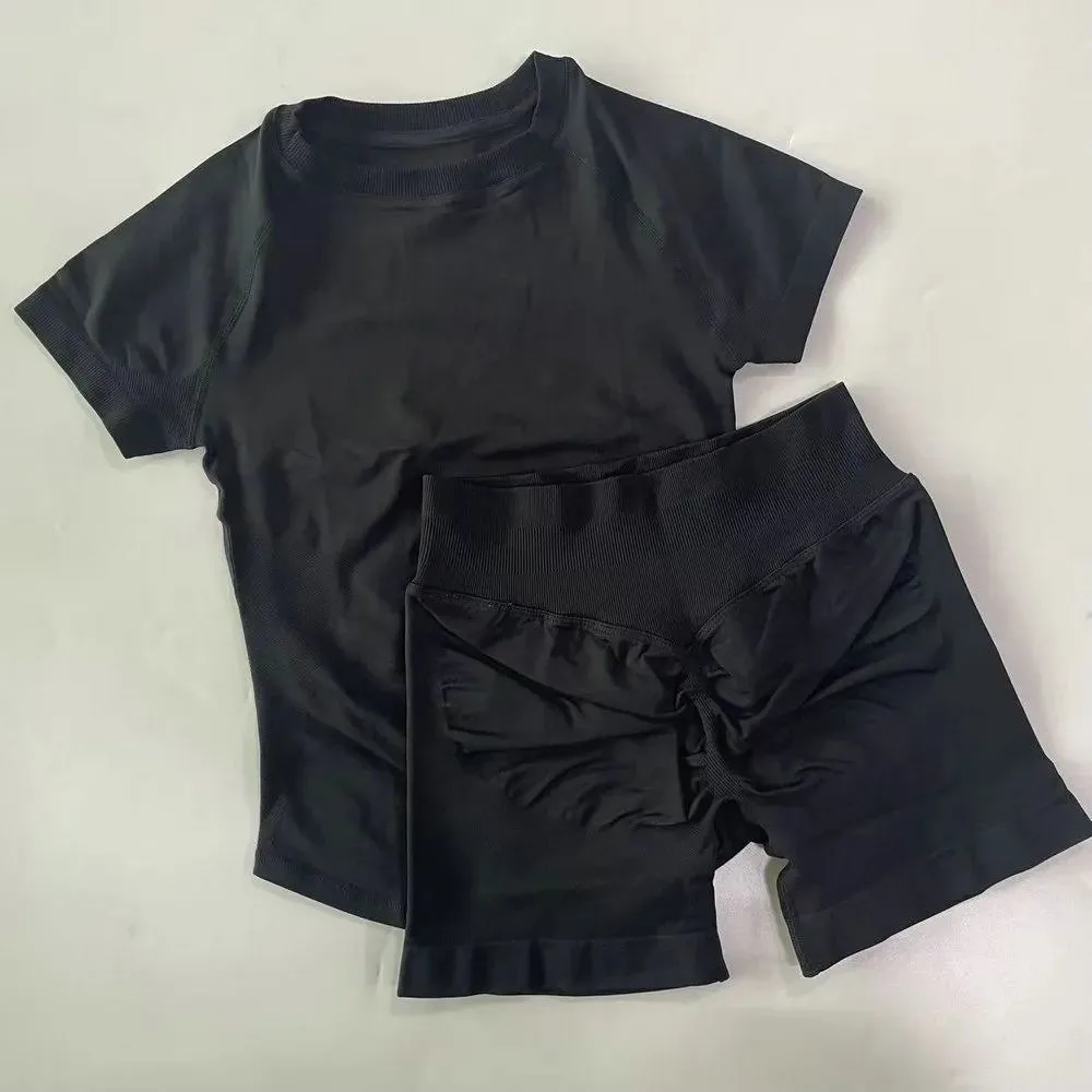 STOUREG 2 Pieces Sports Sets Short Sleeve Seamless Yoga Top Fitness Set Women Workout Running Sports Shorts Gym Suit - Image 2