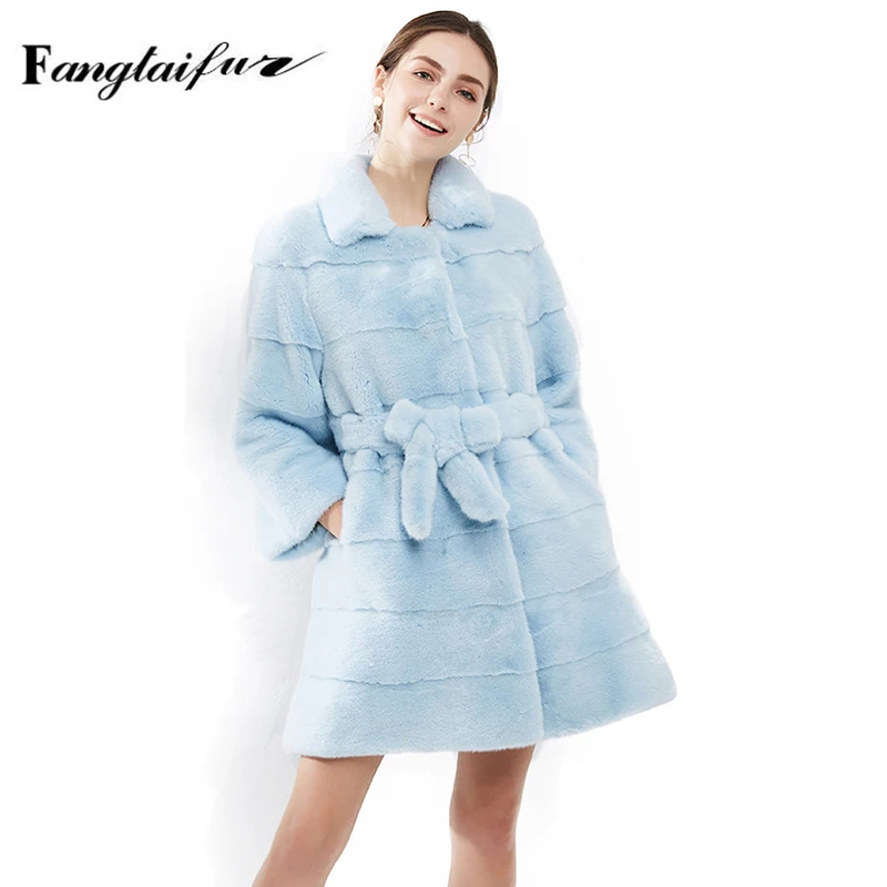 Ftangaiur hiver importation velours vison manteau de fourrure à manches longues ceintures femmes col rabattu couleur Pure moyen naturel manteaux de fourrure de vison