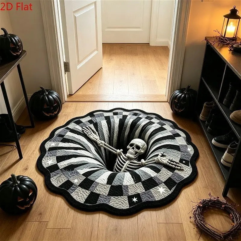 VIKAMA Halloween Skeleton Round Rug Flannel Non Slip Circular Carpet Spiral Vortex Skull Pattern Bedroom Floor Mat Party Decor