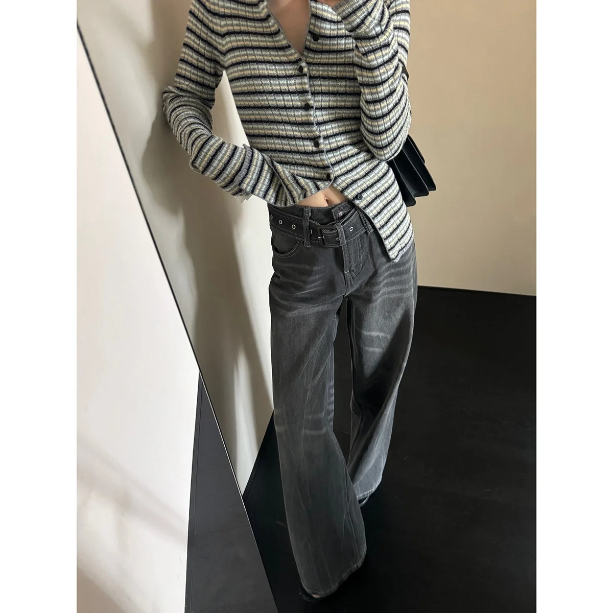 

SWGWONG Винтажные джинсы с широкими штанинами и поясом с узором в виде усов, модные хлопковые женские джинсы, повседневные, удобные, подходят для всех сезонов