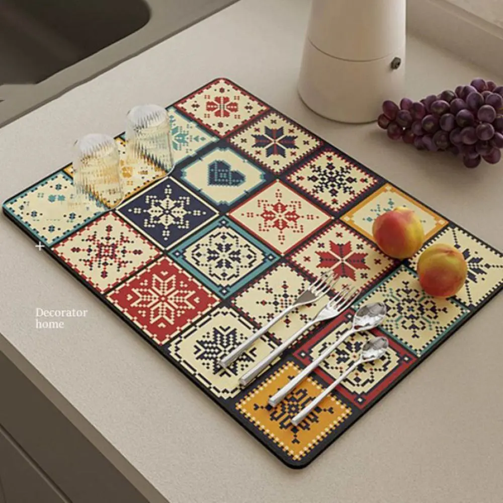 New Printed Dish Drying Mat Absorbent Desktop Counter Top Mats Quick drying Technical Cloth Insulation pad Kitchen