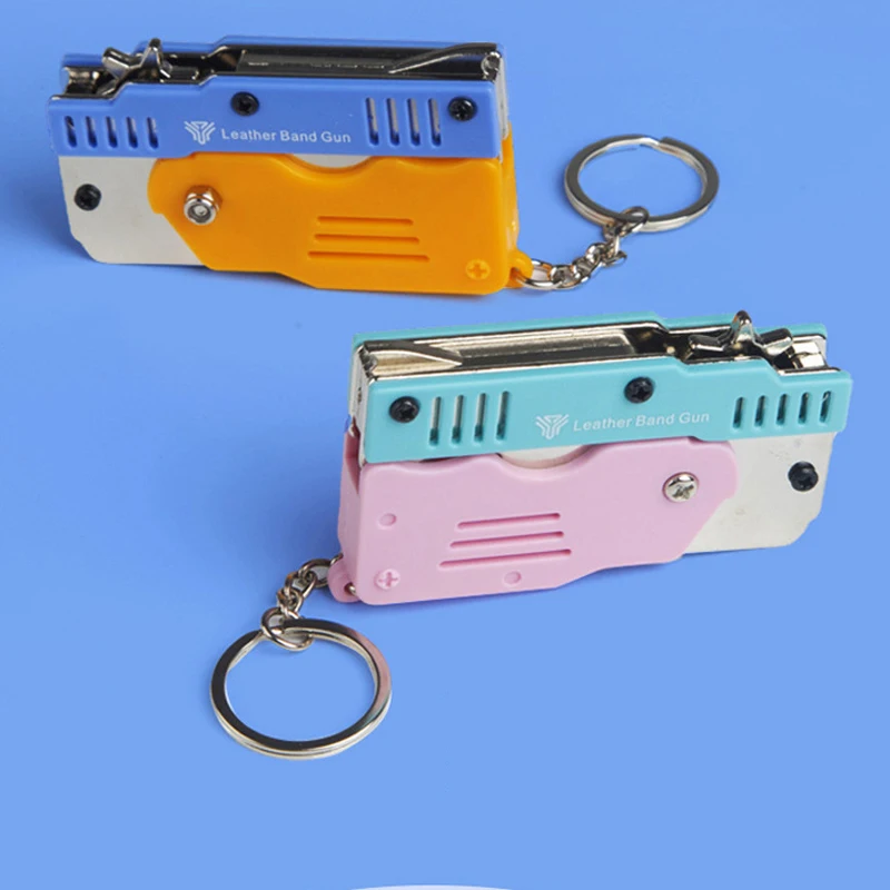 Alloy Plastic Keychain, Folding Rubber Band Gun with 6 Consecutive Firing Children\'s Shooting Toy, Soft Bullet Mini Pistol