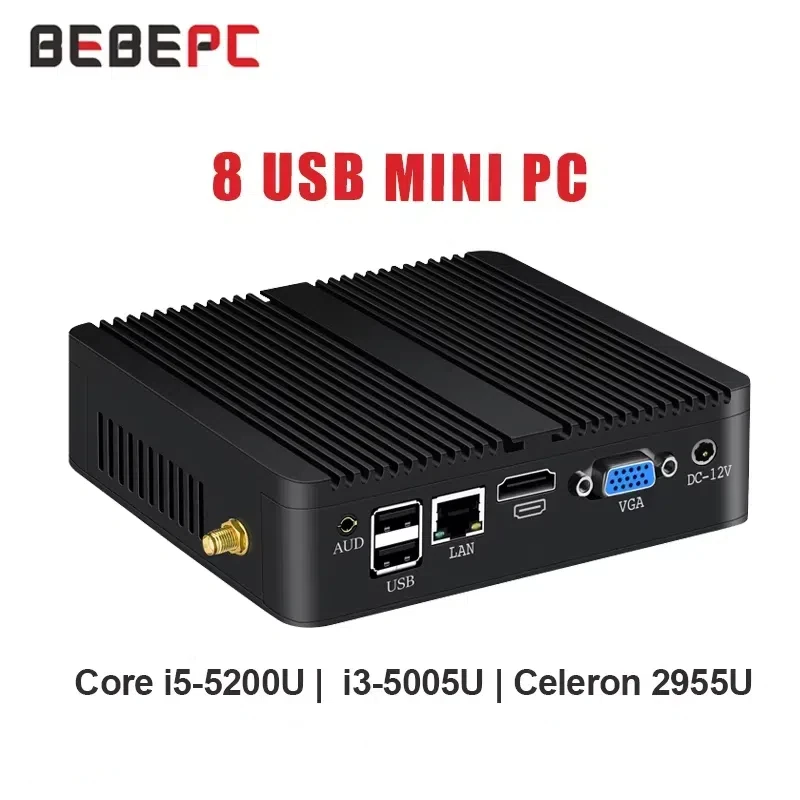 BEBEPC Bezwentylatorowy Mini Intel i7 4500U i5 4200U 8USB Gigabit Ethernet HDMI VGA Wyświetlacz Win10/11 Linux Ubuntu dekoder komputerowy