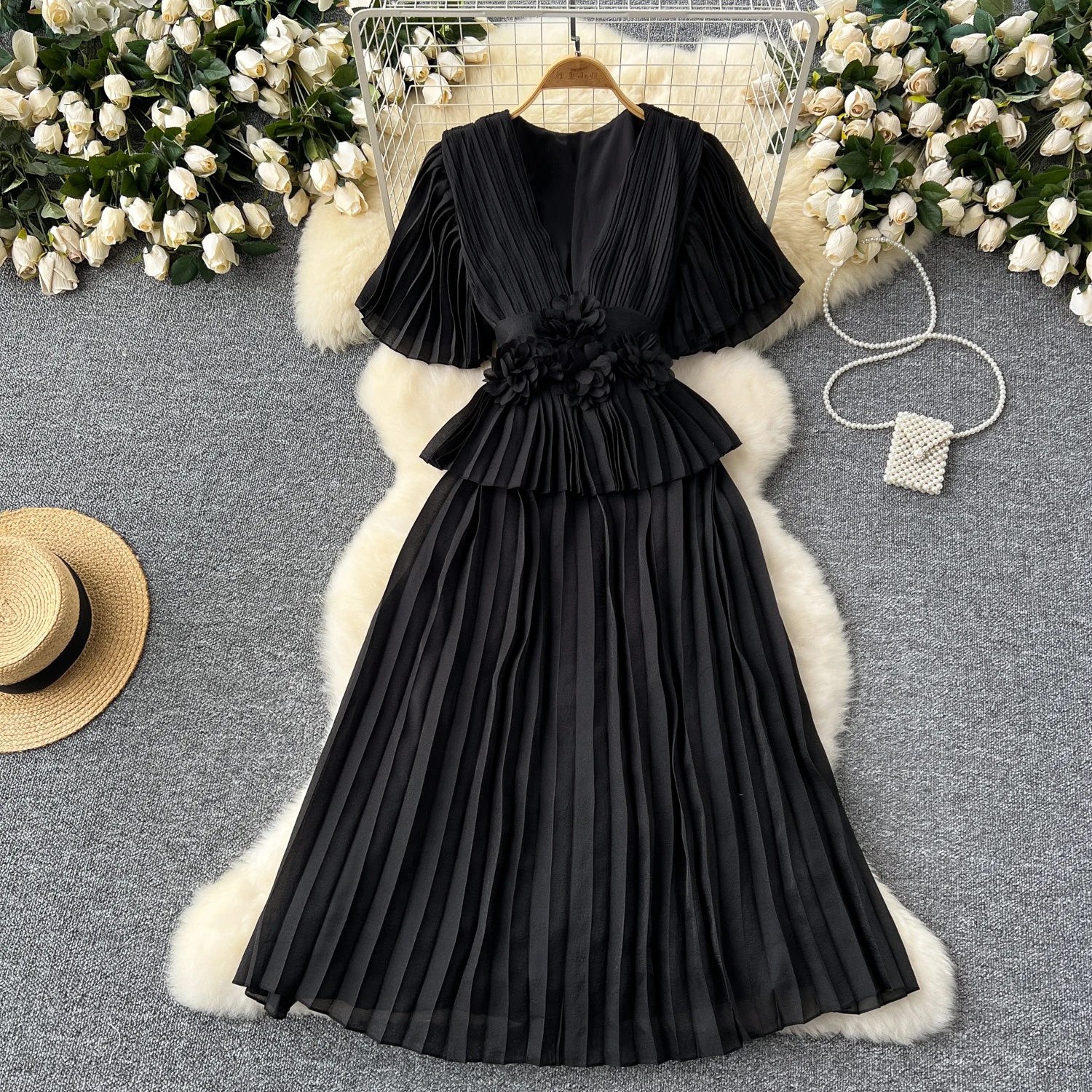 French Print V-neck Flare Sleeve Three-dimensional flower Sweet Dress Women Summer Waist Cinching Thin Chiffon Resort Dresses