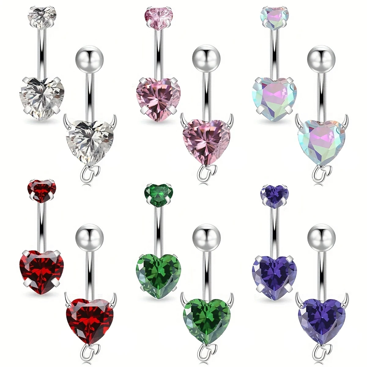 2pcs Devil Shape Zircon Heart Belly Button Rings for Women Navel Ring Surgical Steel Barbell Crystal Round Body Piercing Jewelry