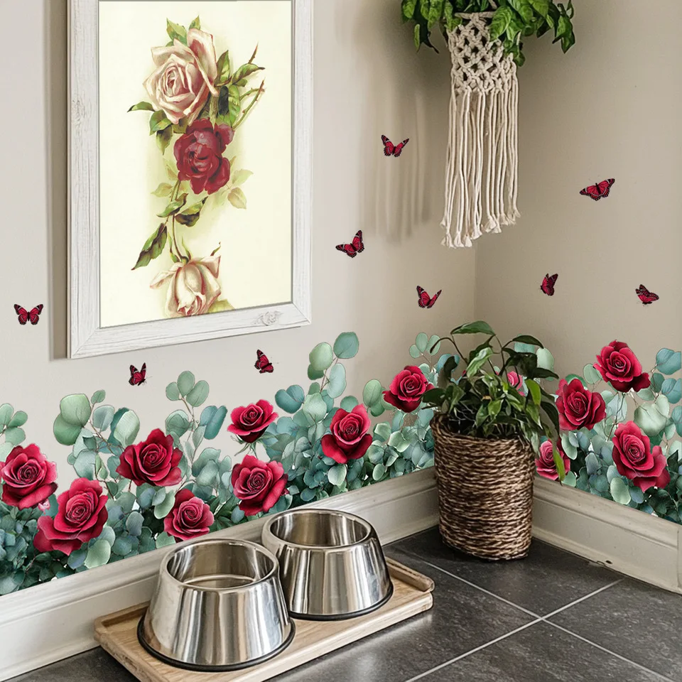 Retro Red Rose Wall Stickers Flowers Butterfly DIY Murals for Window Glass Bedroom Bathroom Home Decoration Wallpaper