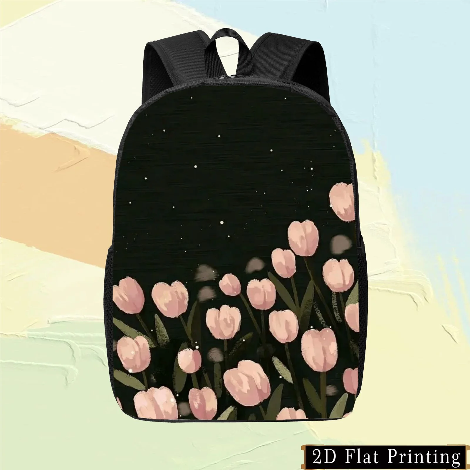 

1 Colorful Single-Sided Printed Backpack, Hand Wash Black Pink Tulip Green Leaf Pattern Multifunctional Commuter