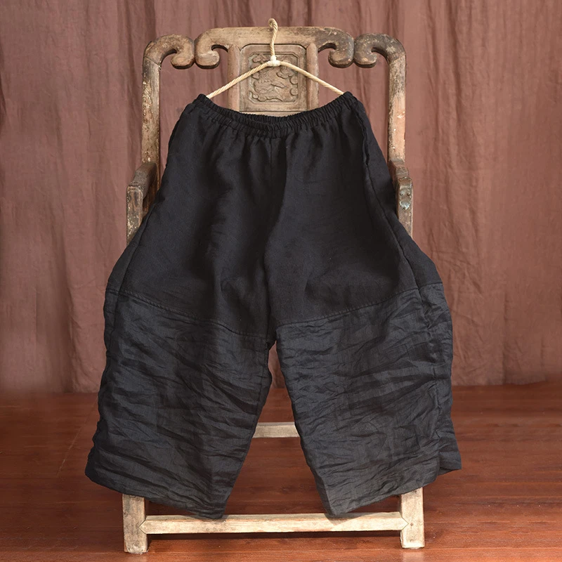 100% الكتان المرأة عادية بنطال ذو قصة أرجل واسعة جديد 2025 الصيف خمر نمط المرقعة اللون فضفاض الإناث الكاحل طول السراويل T476