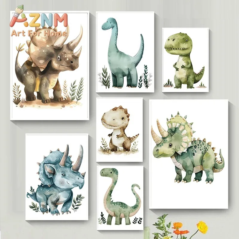 1pc framless Canvas Painting Cartoon Dinosaur Triceratops T-rex Nursery Wall Art Canvas Painting  Posters and Prints Pictures Ba