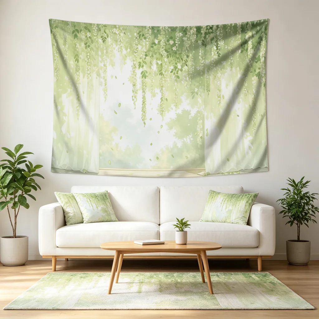 1PC Green Vine White Flower Curtain Print Backdrop Banner, Bedroom Living Room Photo Background, Polyester, Home Decor, Wall Art