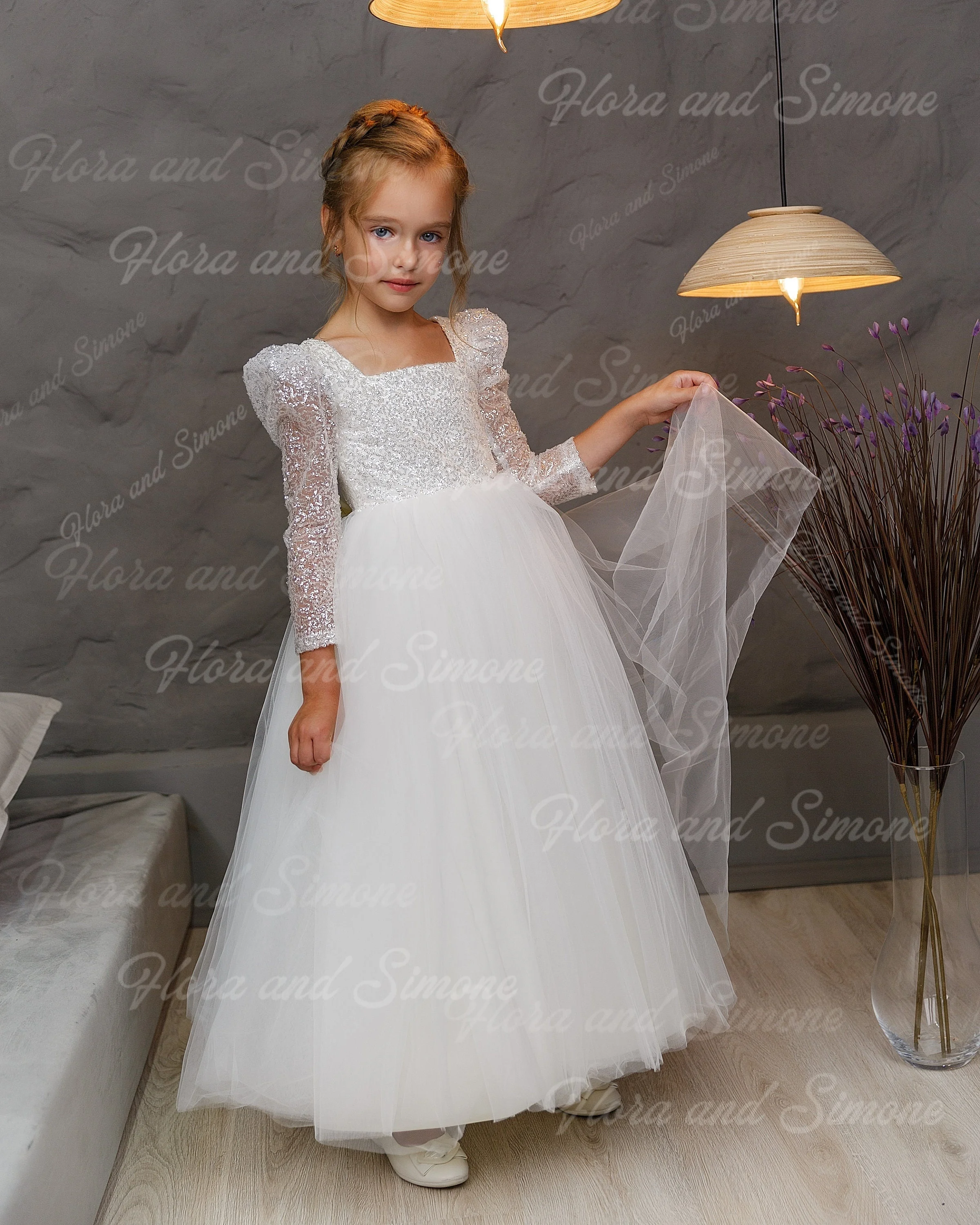 Robe de princesse élégante et brillante, manches longues, avec nœud, à fleurs, pour cérémonie de mariage, cadeau d'anniversaire, célébration de noël