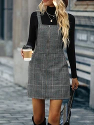 Women's Fashion Elegant Straight Neck Mini Strap Dress Round Buckle Zipper Plaid With Pockets Retro Strap Dress Cheap Sales