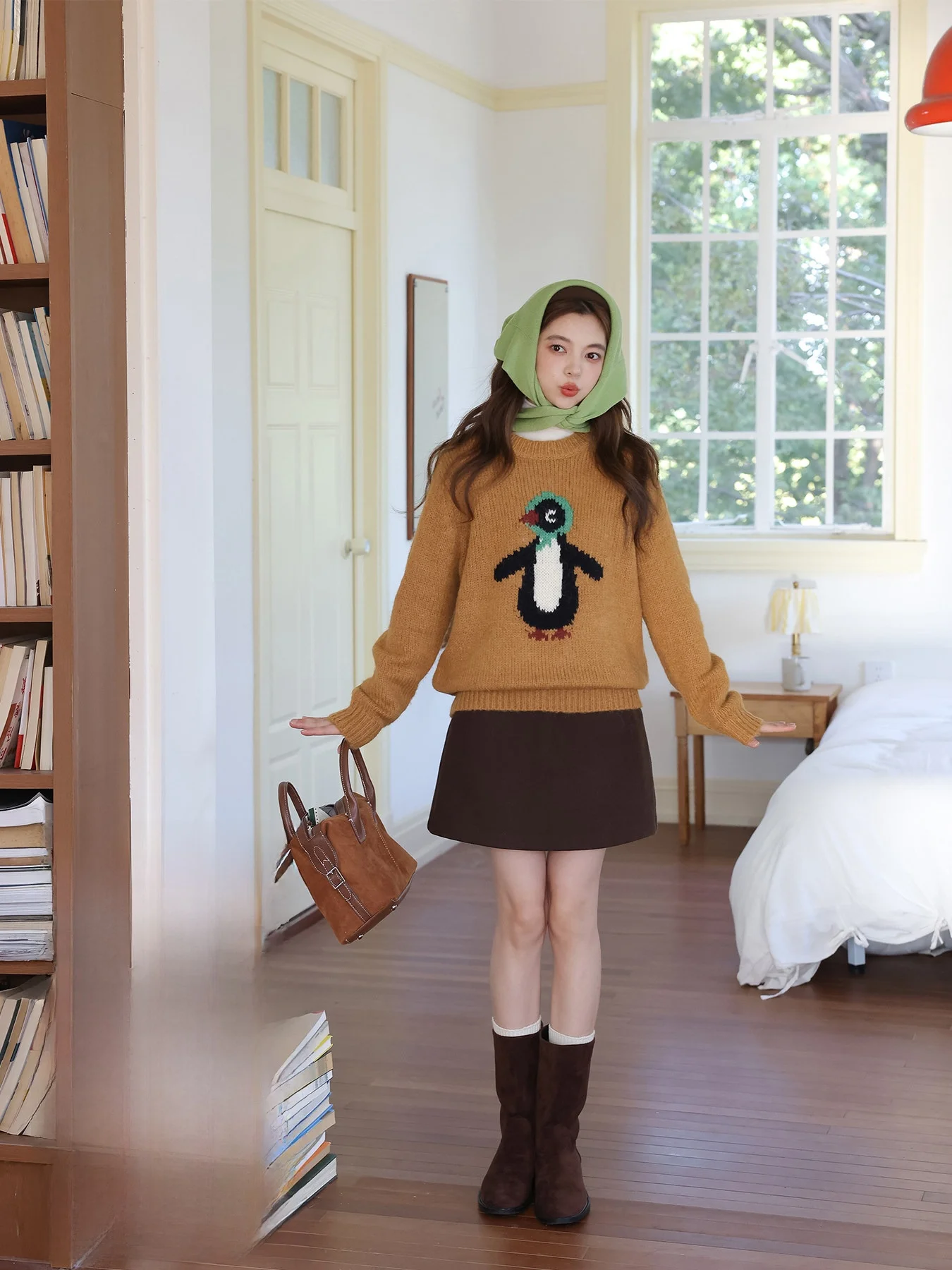 

Вязаная шапка с забавным пингвином и свободный свитер с круглым вырезом для женщин, осенне-зимний вязаный топ с цветочным узором, для повседневной носки, прямого кроя.