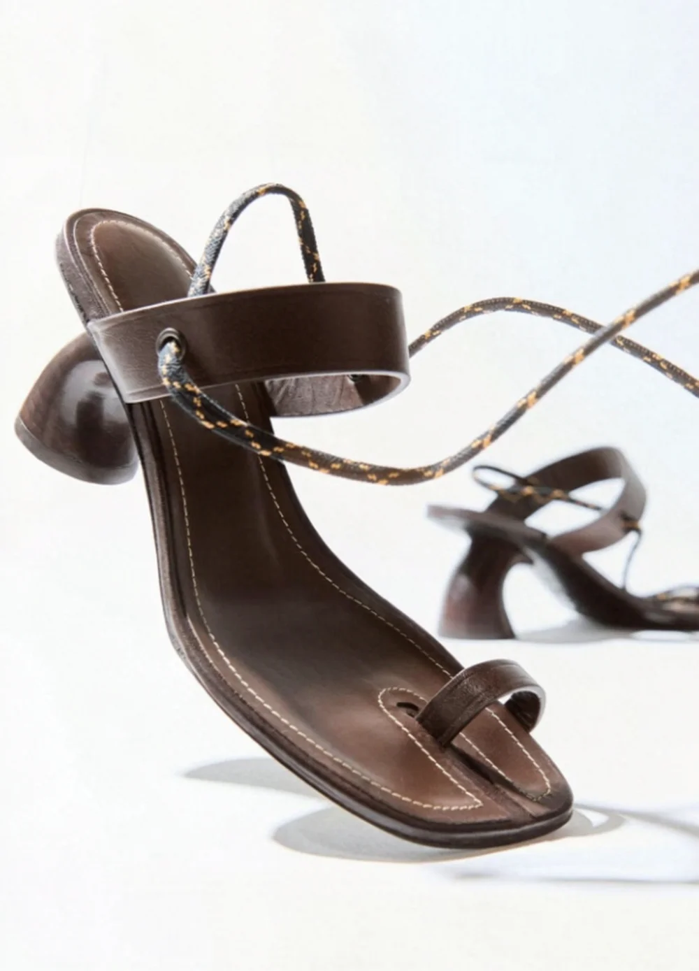 Minimalist Summer Brown Leather Thong Sandals Unique Curved Block Heel Wrap Around Ankle Tie Straps Open Toe Sandals