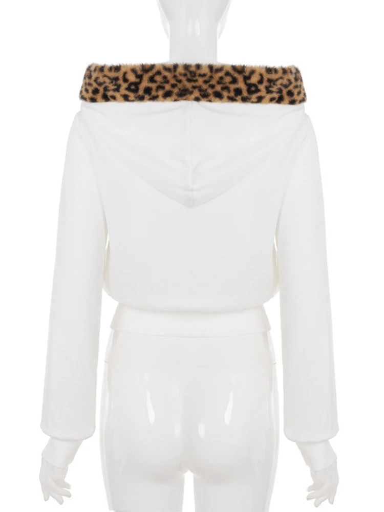 SsTss 2025 Women's Street Fashion Hoodie Letter & Leopard Print Long Sleeve Hooded Sweatshirt Fuzzy Crop Jacket Casual Outerwear