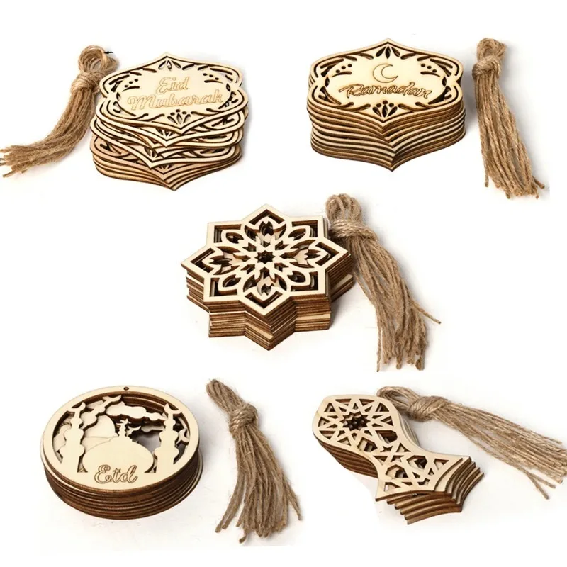 10pcs Wood Eid Mubarak Pendants Ramadan Decorations for Home Moon Wooden Ornaments Hanging Eid Al-Fitr Mubarak Party Supplies