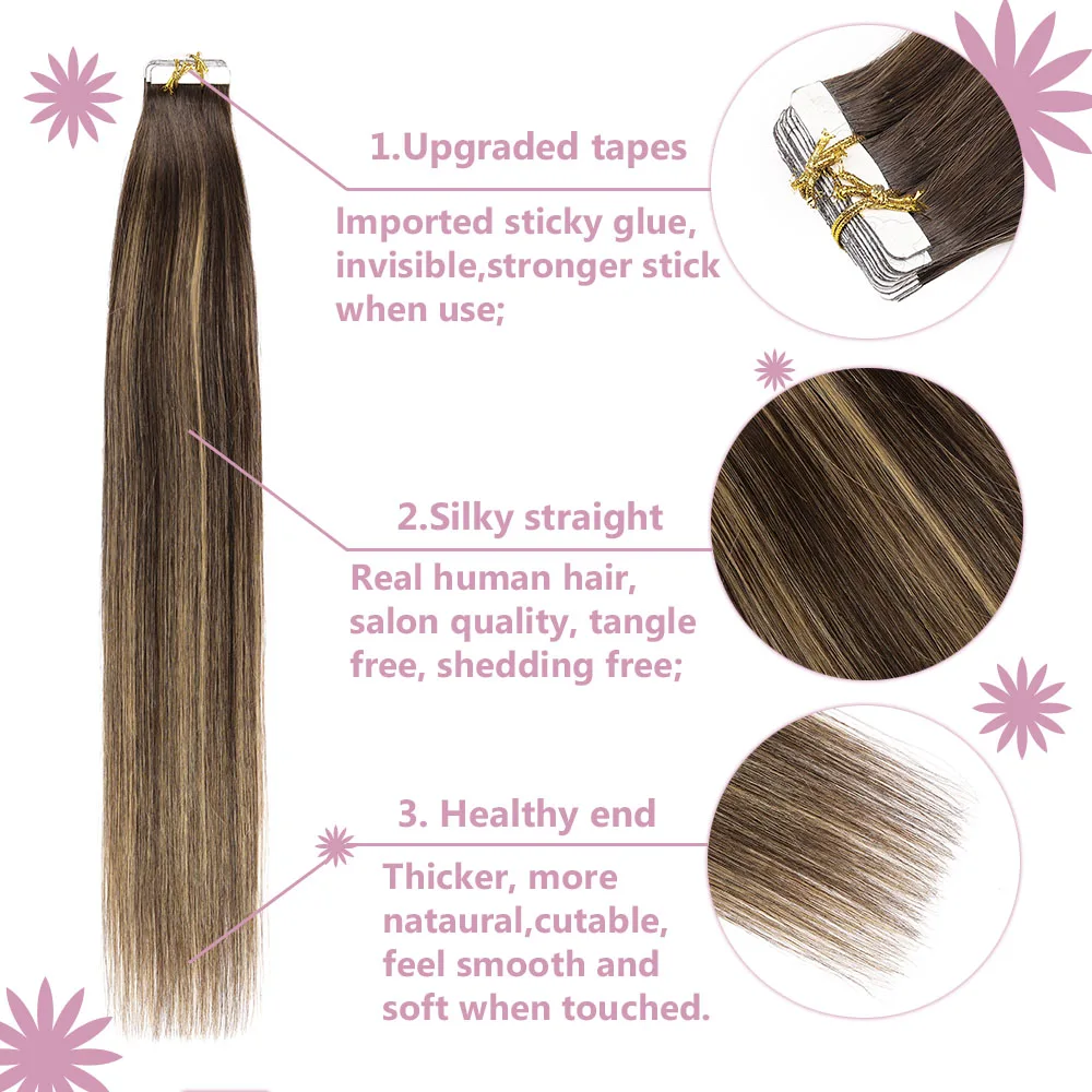 Extensiones de cabello con cinta, cabello humano de 18 pulgadas, 20 piezas, 50g, cabello humano liso y sedoso de primera calidad, trama de piel sin costuras, cinta de cabello Remy Ins