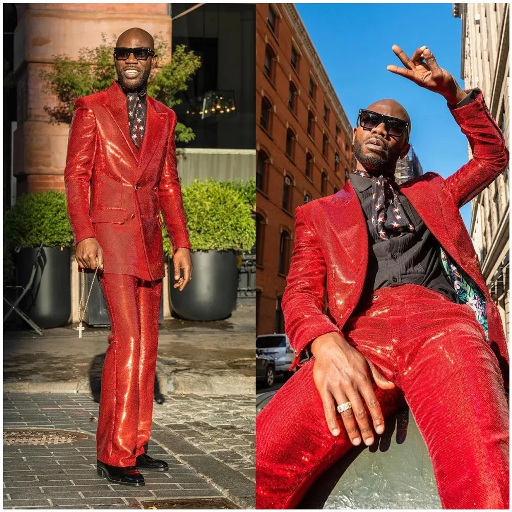 Red Sequin Men's Suits 2 Pieces Peaked Lapel Double Beasted Blazer Pants Modern Wedding Slim Custom Made Blazers For Male