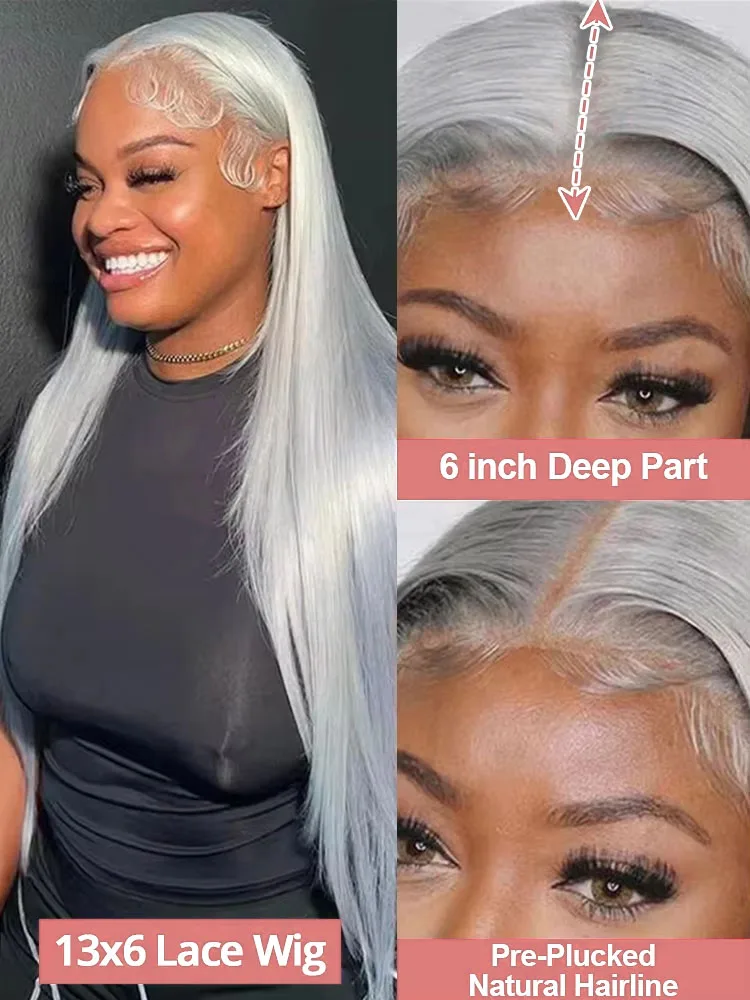 Silver Grey Straight Lace Front Human Hair Wig 40 Inches Colored HD Transparent 13x6 Lace Frontal Wig for Women Preplucked 250% image 2