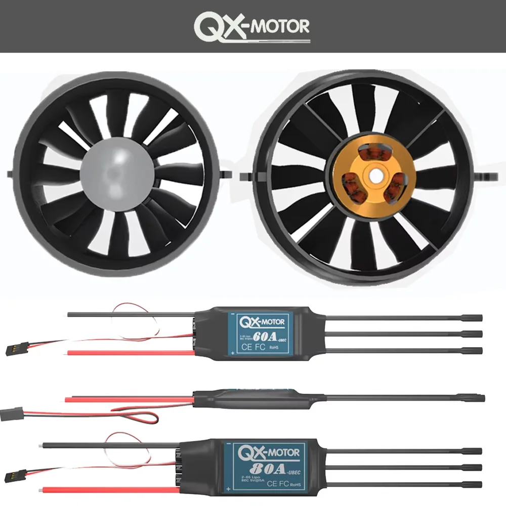 QX-MOTOR 70mm EDF 12 ostrza wentylator kanałowy w/silnik bezszczotkowy 1800kv 2600kv i 60A/80A ESC do systemu moc silnika samolotu FMS RC