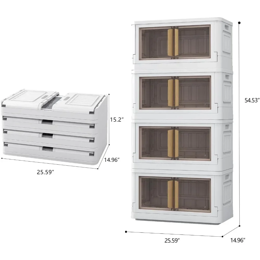 Stackable Collapsible Storage Bins With Lids - 4 Pack 19 Gallon Large Foldable Storage Boxes With Doors and Wheels Plastic Box