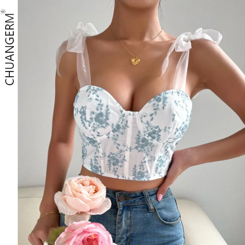 

CHUANGERM Sexy Corset Embroidery Floral Tube Top Seersucker Bow Bandage Women Sheer Camisole Sleeveless V-neck Backless Bustier